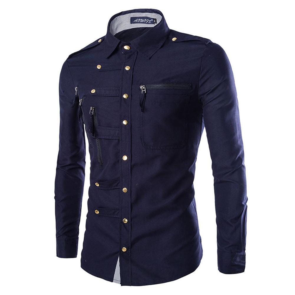 Slim Fit Zipped Pocket Shirts Navy