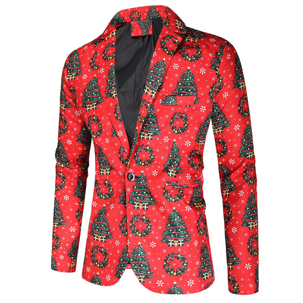 Men's 3-piece Christmas Tree Christmas Print Suit Red