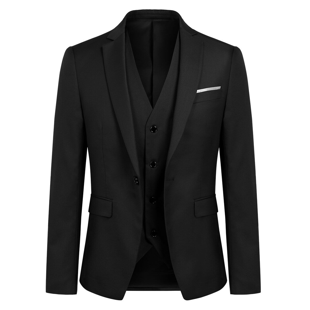 3-Piece Slim Fit One Button Fashion Black Suit