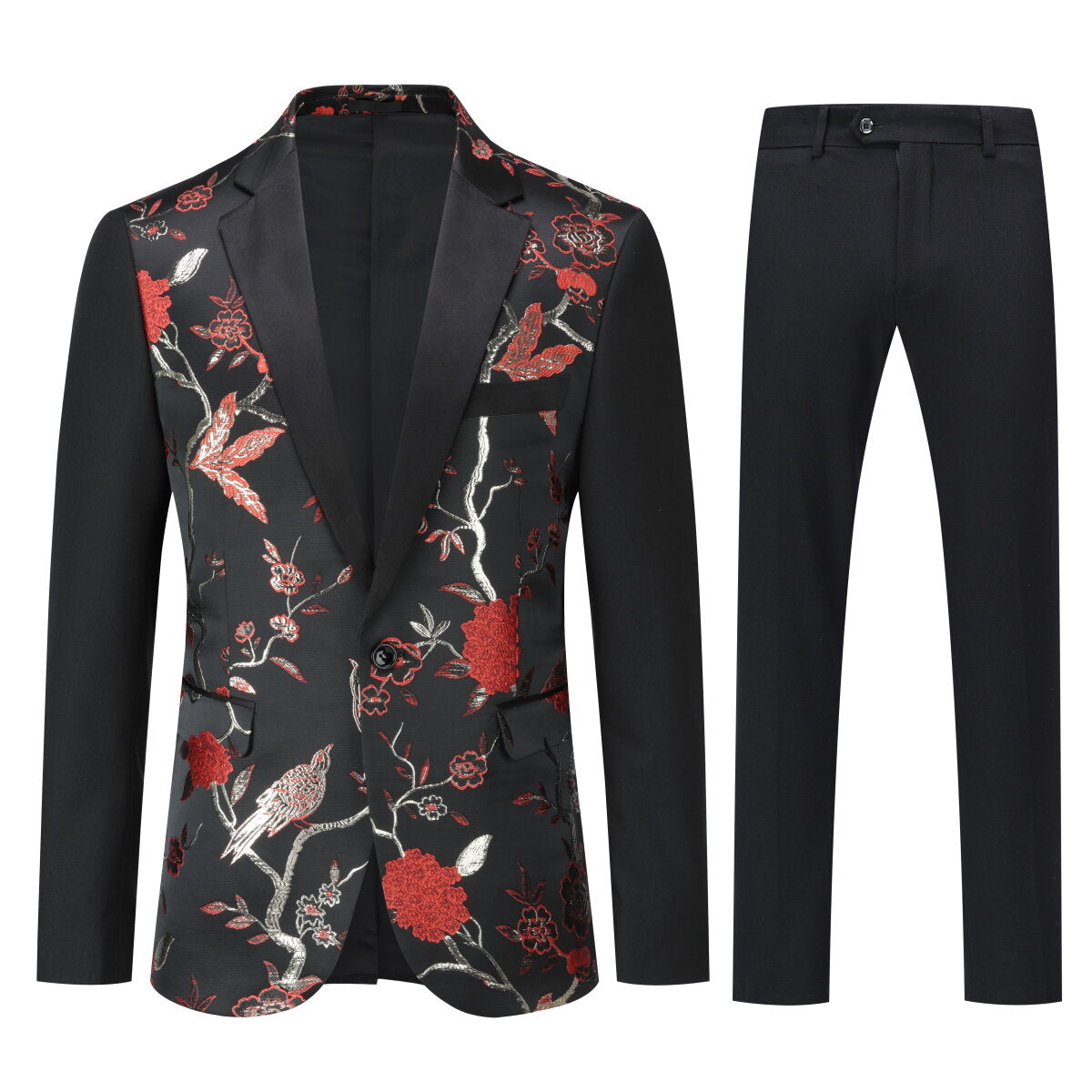 2-Piece Slim Fit Embroidered Red Floral Suit