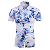 Trendy Men's Printed Short-Sleeve Floral Shirt Aqua Blue