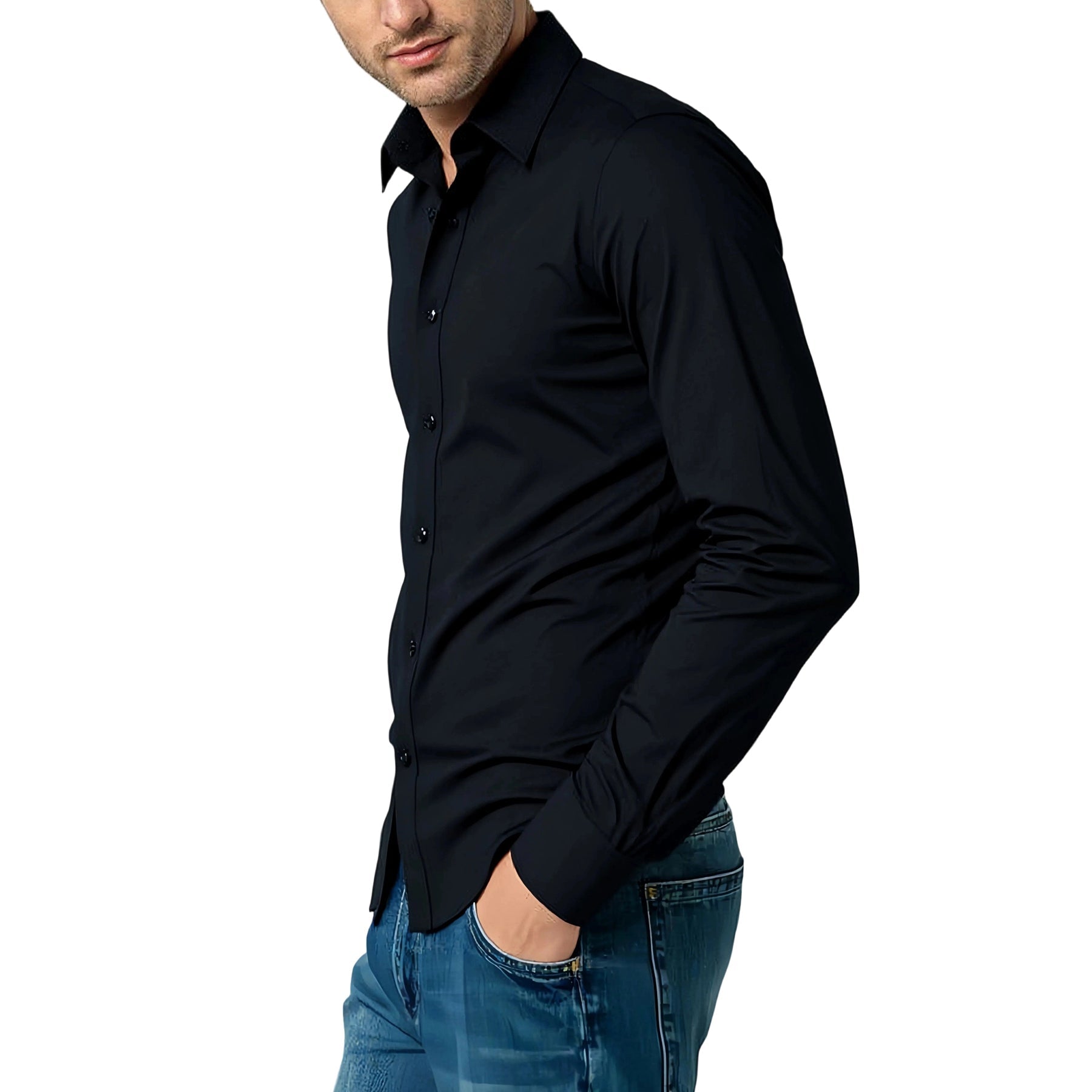 Men's Solid Square Neck Fitted Business Long-Sleeved Shirt Pink