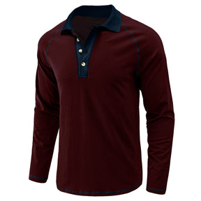 Men's Contrasting Long Sleeve Polo Collar T-Shirt Red