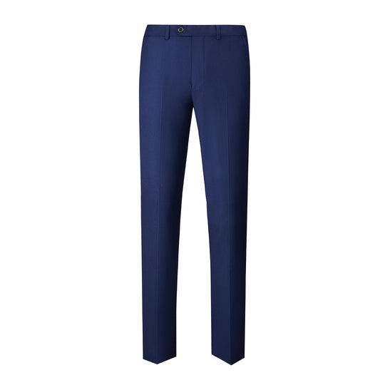 Blue # Men's single-breasted 2-piece tuxedo suit with peaked lapel and slim fit, classic blue formal wear blazer jacket with matching flat-front trousers for wedding, prom, party and formal occasions, isolated on white background.