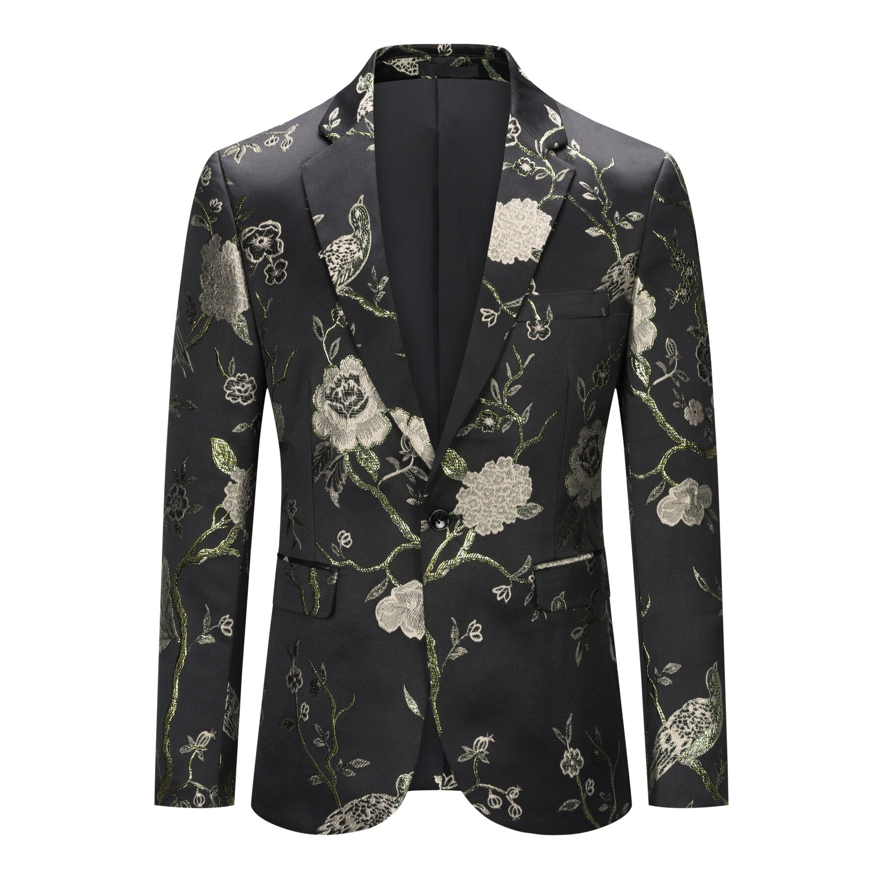 Silver # Men's one-button notched lapel embroidered blazer, slim fit single-breasted sport coat jacket with silver embroidery and soft stretch fabric for party, prom, banquet, show and special occasions, isolated on white background.