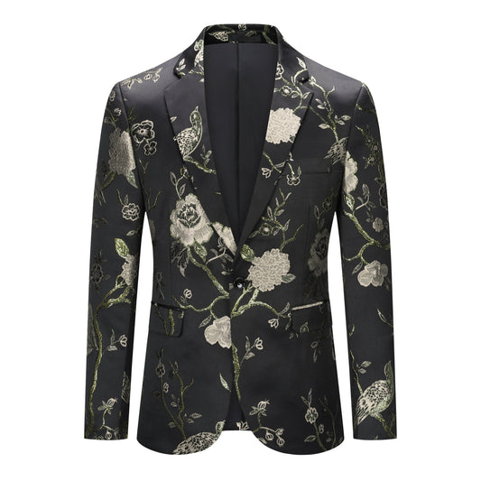 Silver # Men's one-button notched lapel embroidered blazer, slim fit single-breasted sport coat jacket with silver embroidery and soft stretch fabric for party, prom, banquet, show and special occasions, isolated on white background.