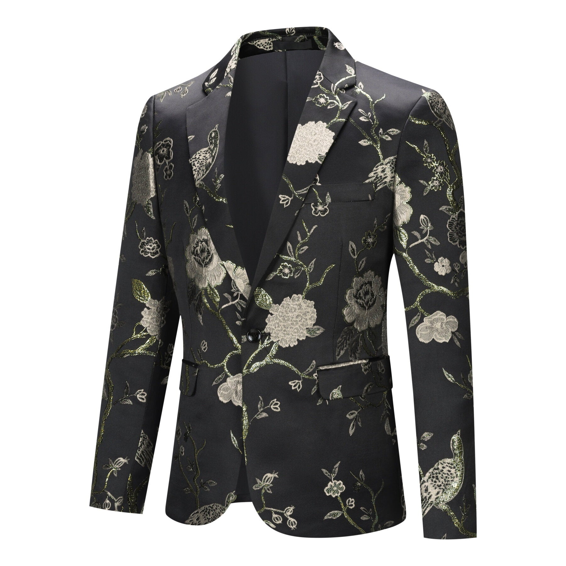 Silver # Men's one-button notched lapel embroidered blazer, slim fit single-breasted sport coat jacket with silver embroidery and soft stretch fabric for party, prom, banquet, show and special occasions, isolated on white background.