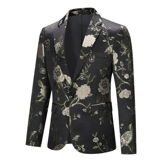 Silver # Men's one-button notched lapel embroidered blazer, slim fit single-breasted sport coat jacket with silver embroidery and soft stretch fabric for party, prom, banquet, show and special occasions, isolated on white background.