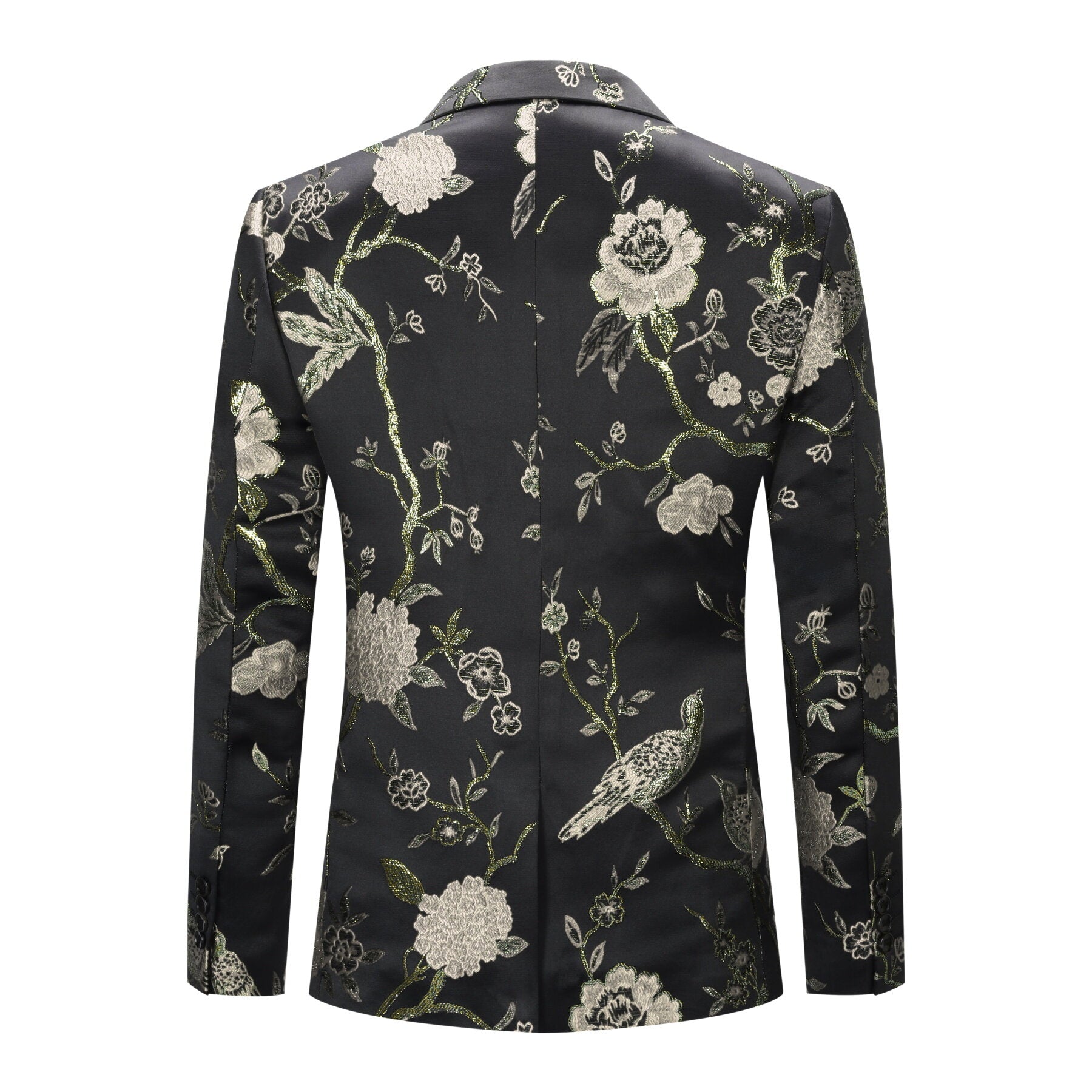 Silver # Men's one-button notched lapel embroidered blazer, slim fit single-breasted sport coat jacket with silver embroidery and soft stretch fabric for party, prom, banquet, show and special occasions, isolated on white background.