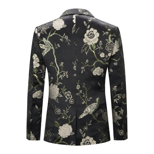 Silver # Men's one-button notched lapel embroidered blazer, slim fit single-breasted sport coat jacket with silver embroidery and soft stretch fabric for party, prom, banquet, show and special occasions, isolated on white background.