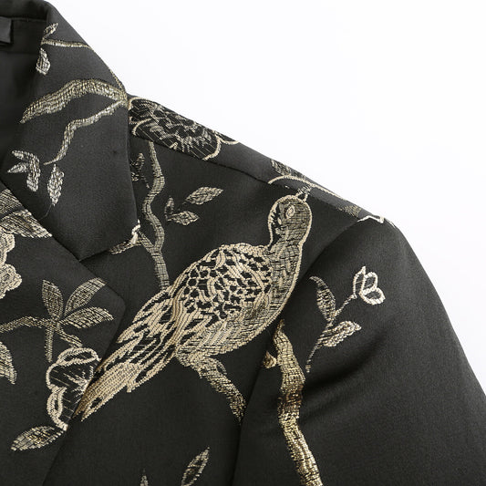 Silver # Men's one-button notched lapel embroidered blazer, slim fit single-breasted sport coat jacket with silver embroidery and soft stretch fabric for party, prom, banquet, show and special occasions, isolated on white background.