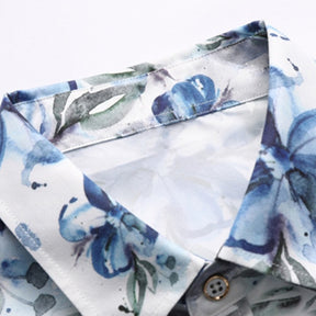 Men's Printed Short-Sleeve Blue Flower Casual Shirts White