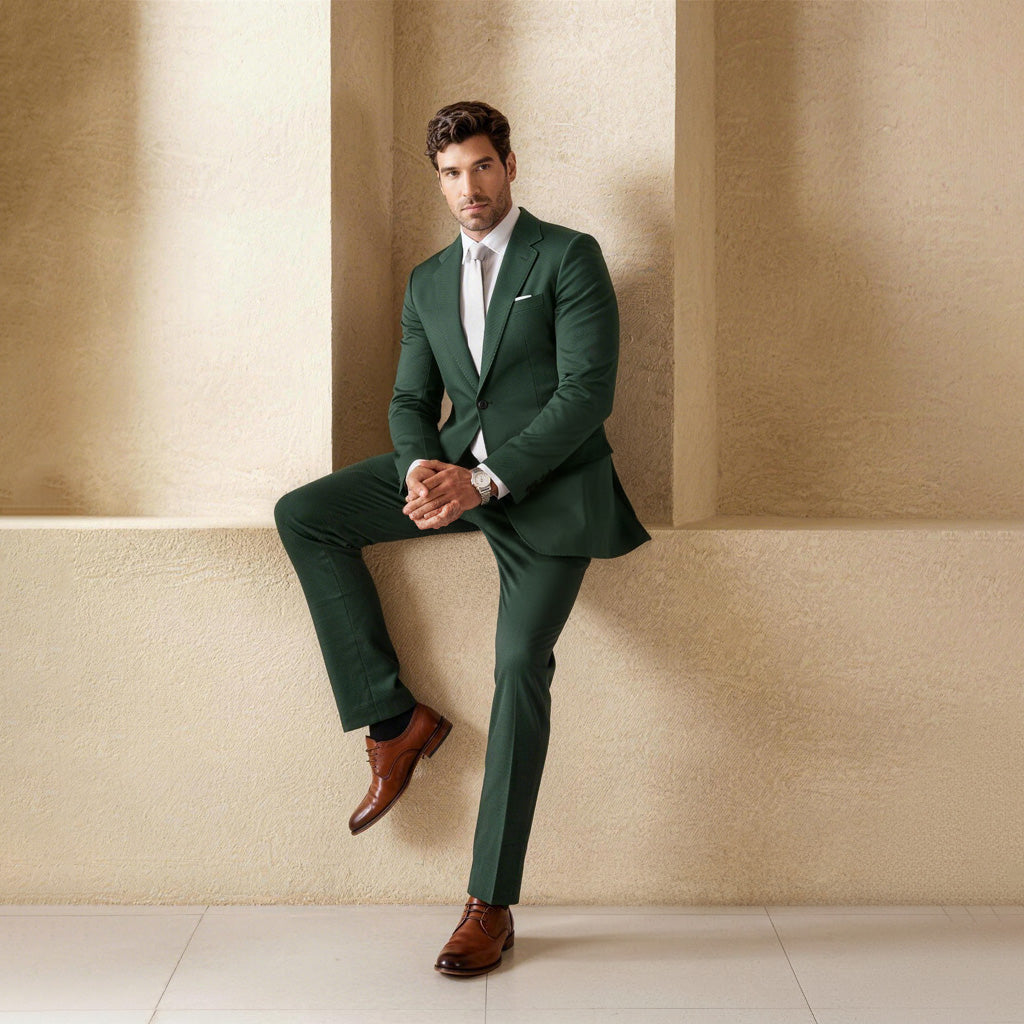 3-Piece Classic One Button Oak Green Suit - Cloudstyle