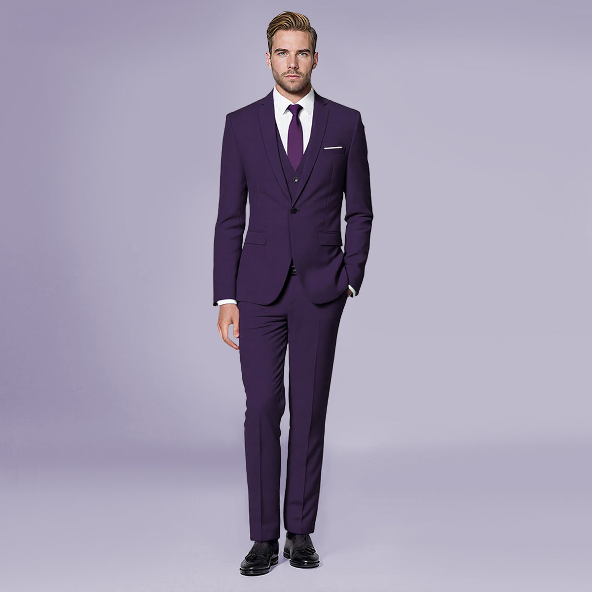 Violet Purple # Men's slim fit 3-piece classic casual suit with one-button peaked lapel and button closure, violet purple formal blazer jacket with matching vest and flat-front trousers with extended waist strap and slanted side pockets, elegant polyester viscose blend suit for business, wedding, office and daily wear, isolated on white background.