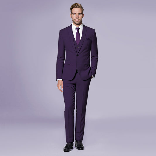 Violet Purple # Men's slim fit 3-piece classic casual suit with one-button peaked lapel and button closure, violet purple formal blazer jacket with matching vest and flat-front trousers with extended waist strap and slanted side pockets, elegant polyester viscose blend suit for business, wedding, office and daily wear, isolated on white background.