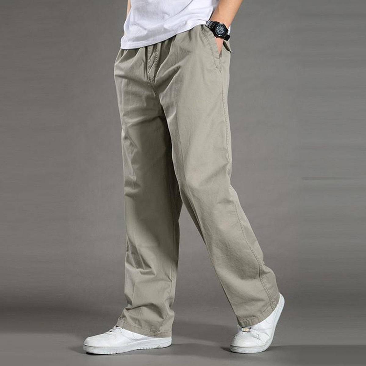 Men's Solid High-Waisted Straight-Leg Loose Casual Pants Khaki