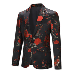 Men's One Button Notched Lapel Embroidered Blazer Red