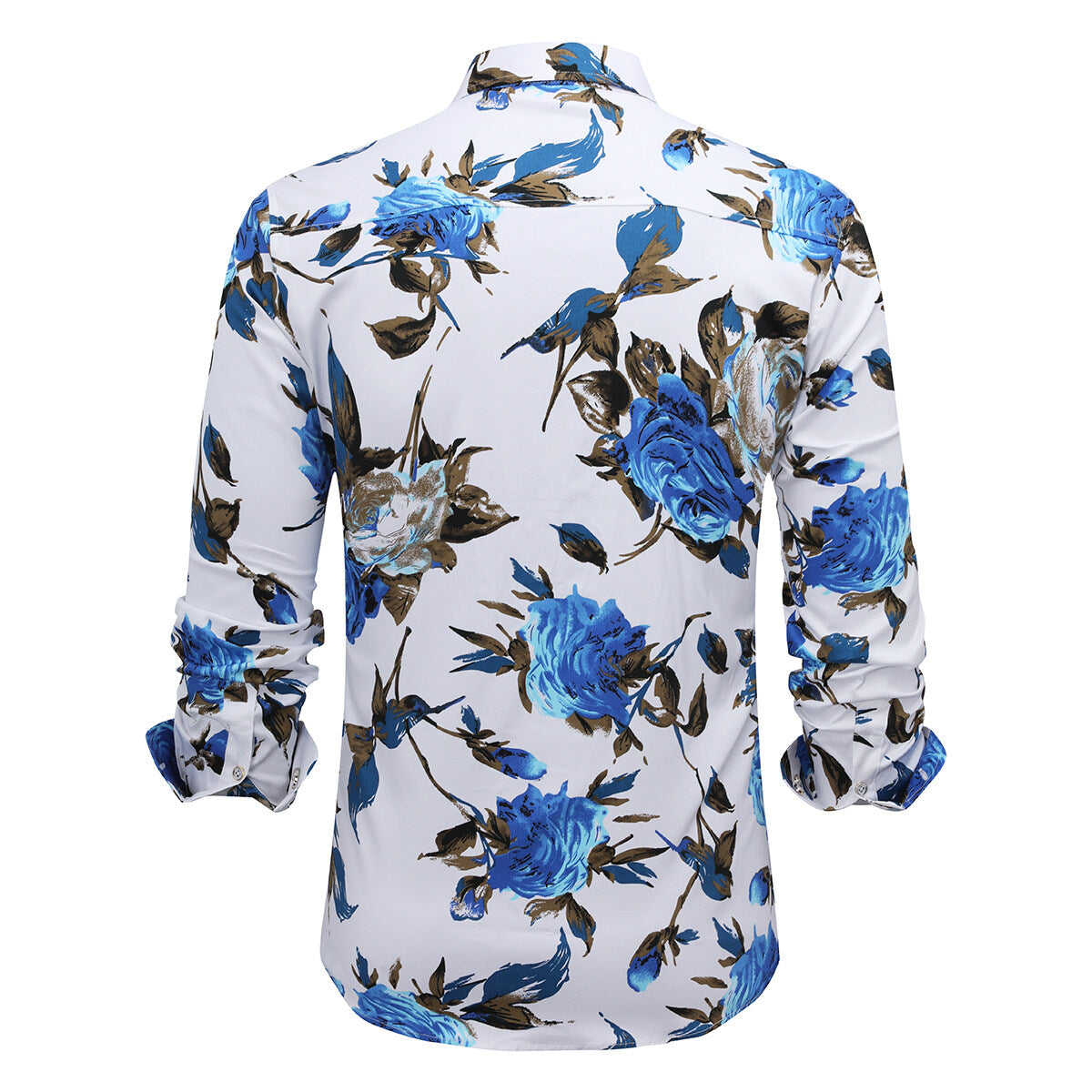 Slim Fit White Satin Shirt With Blue Flowers