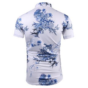 Trendy Men's Printed Short-Sleeve Floral Shirt Blue