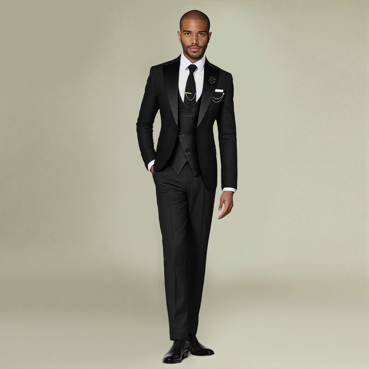 Men's 3-Piece Fashion One Button Color-Blocking Suit Black - Cloudstyle
