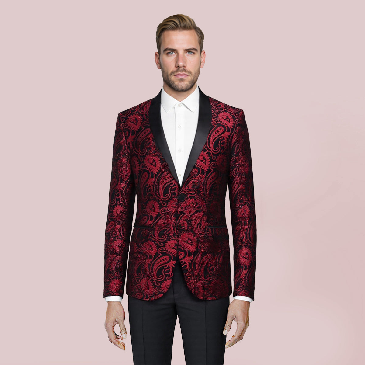 Mens Paisley Shiny One Button Sequin Blazer Red & Blue - Cloudstyle