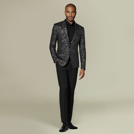 Mens 2-Piece Dress Suit Floral Slim Fit 2-Button Tuxedo Black - Cloudstyle