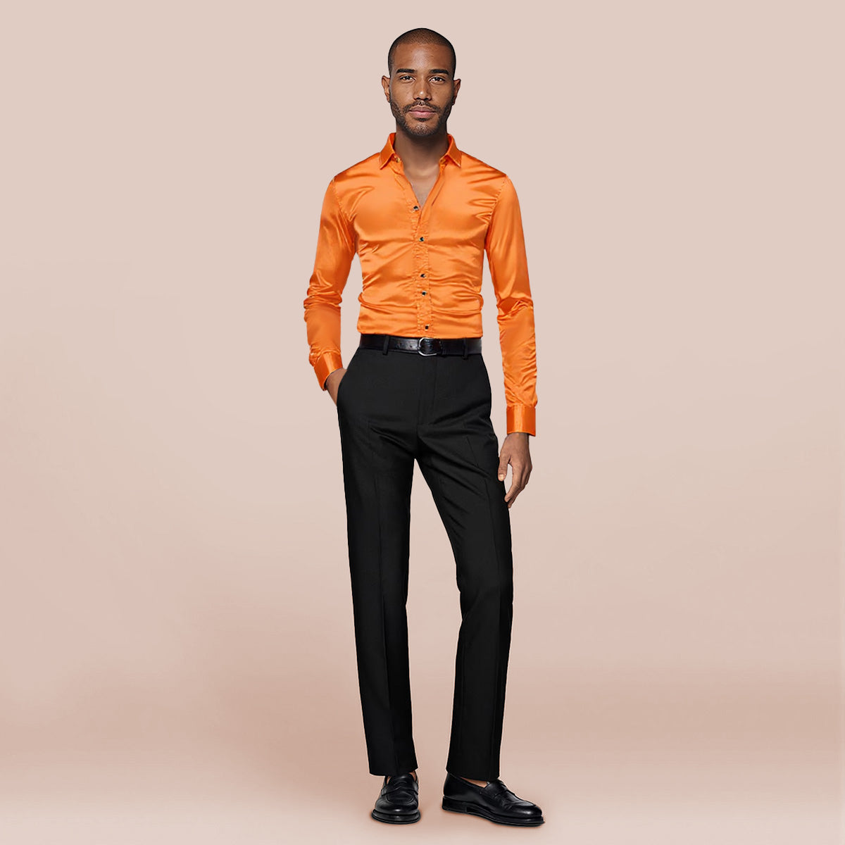 Men's Casual Fashion Shiny Long Sleeve Lapel Shirt Orange - Cloudstyle
