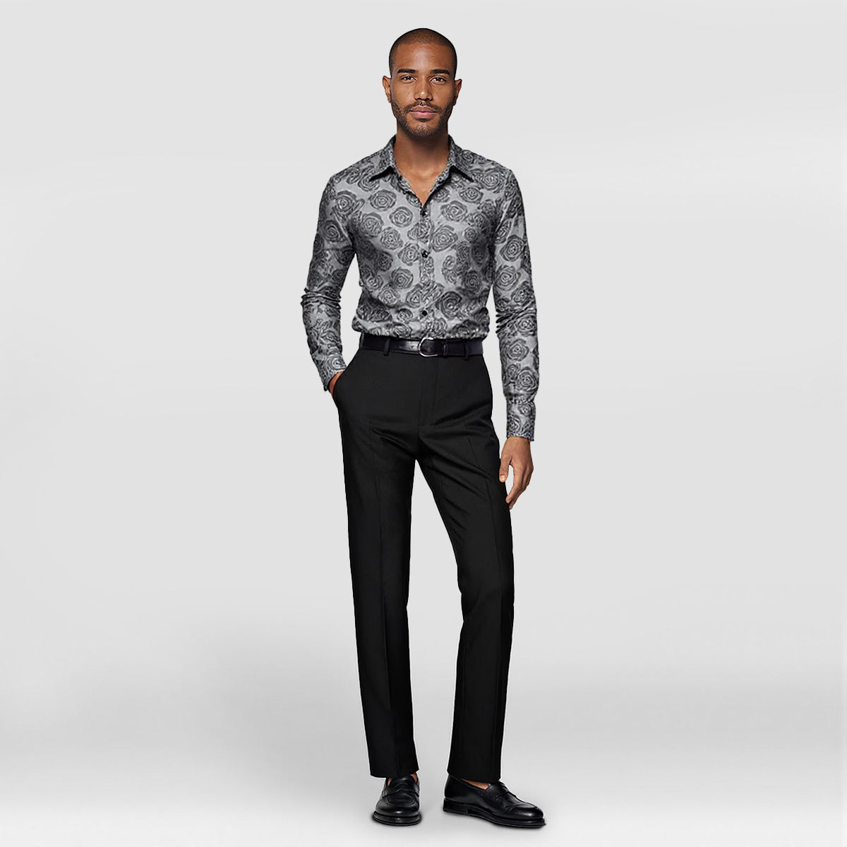 Men's Slim Fit Rose Printed Fashion Casual Shirt Grey - Cloudstyle