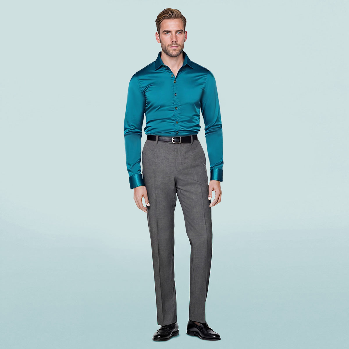 Men's Casual Fashion Shiny Long Sleeve Lapel Shirt Lake Blue - Cloudstyle