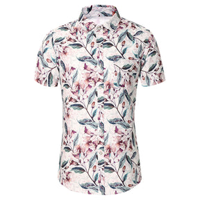 Men's Printed Short-Sleeve Red Flower Casual Shirts White