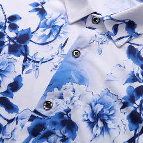 Trendy Men's Printed Short-Sleeve Floral Shirt Aqua Blue