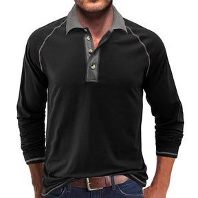 Men's Contrasting Long Sleeve Polo Collar T-Shirt Black