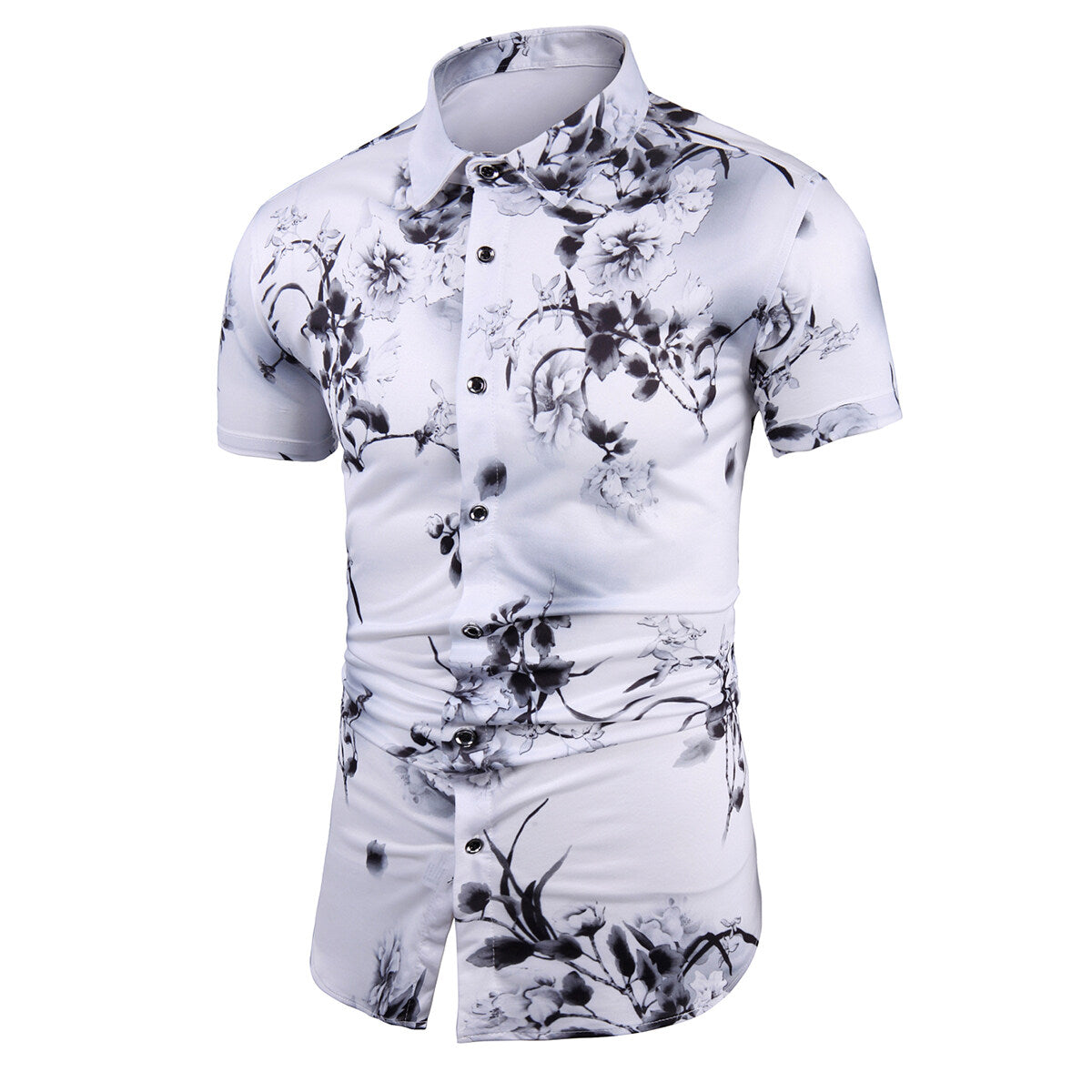 Trendy Men's Printed Short-Sleeve Floral Shirt Ink White