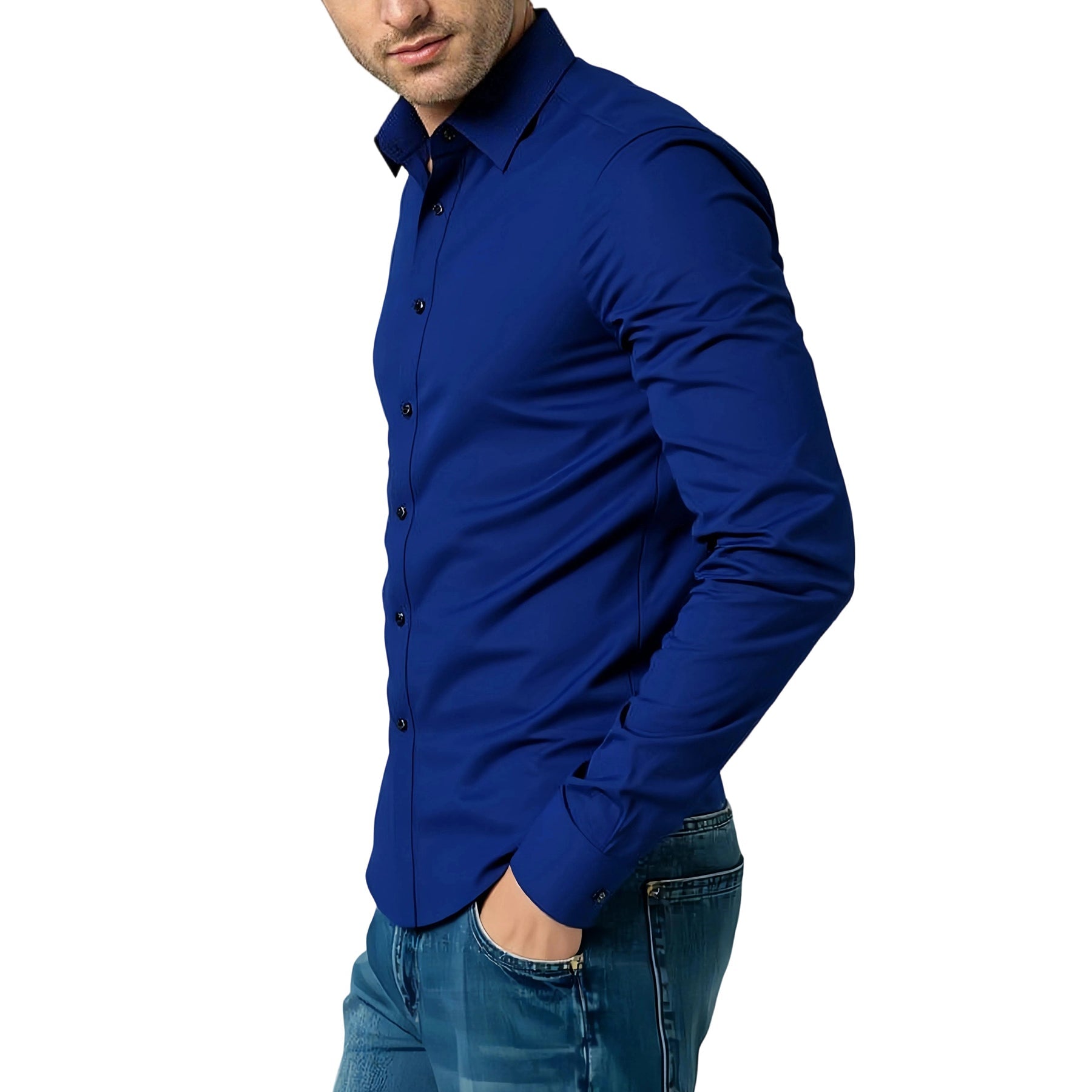 Men's Solid Square Neck Fitted Business Long-Sleeved Shirt Pink