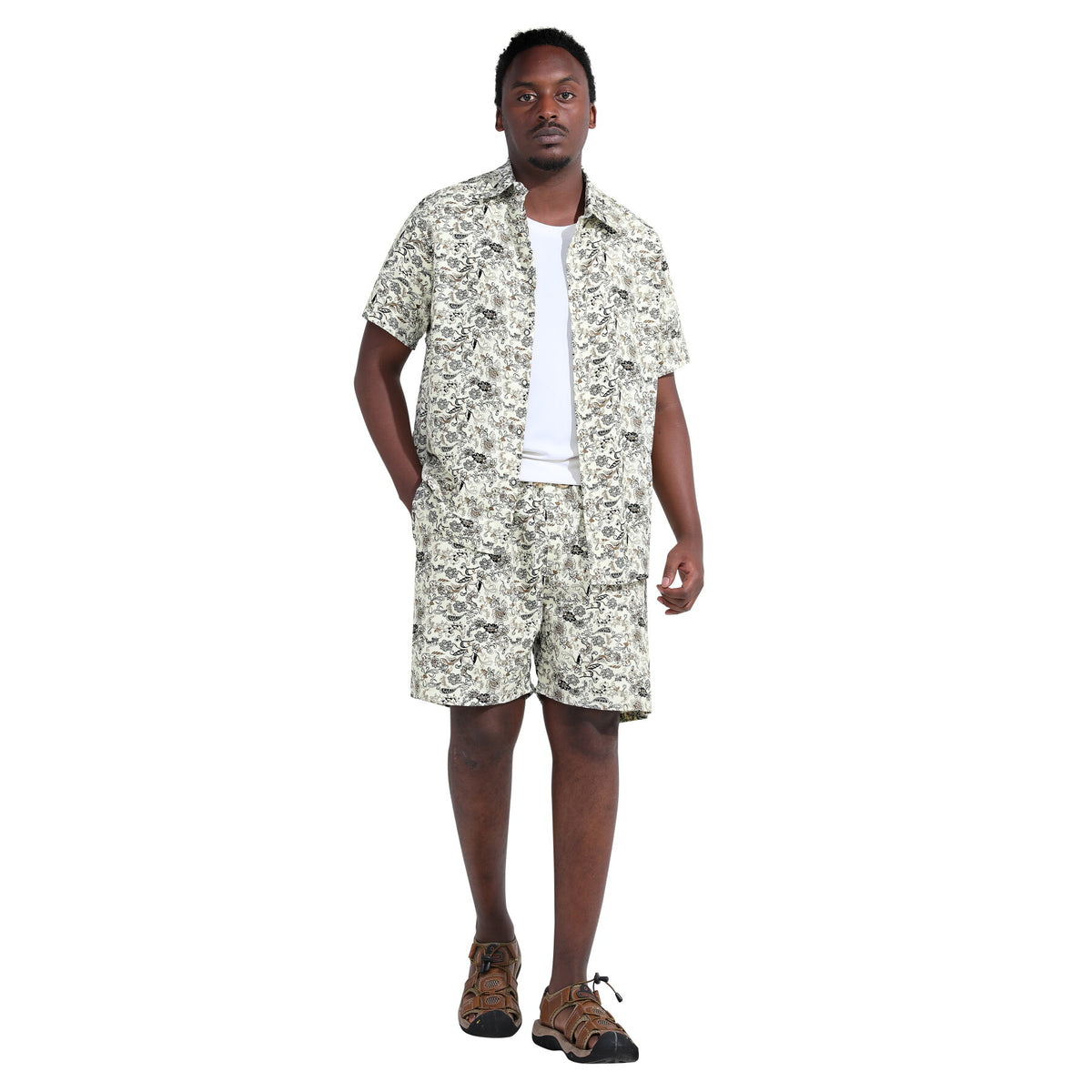 Mens 2-Piece Hawaii Print Style Summer Suit Beige
