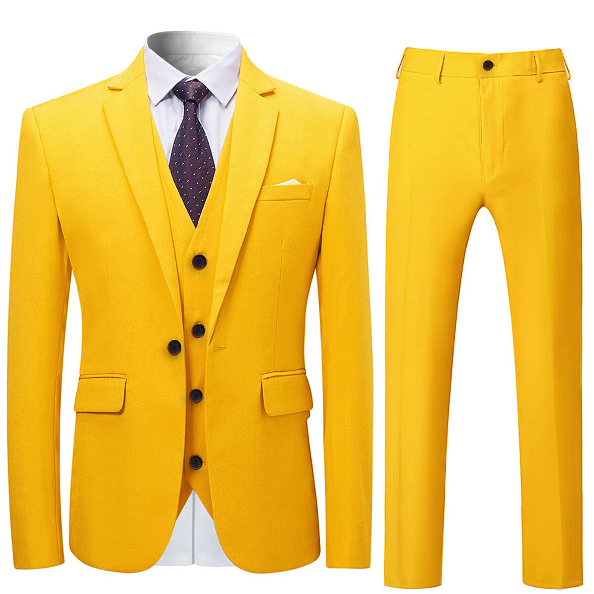 3-Piece Slim Fit Solid Color Jacket Smart Wedding Formal Suit Yellow - Cloudstyle