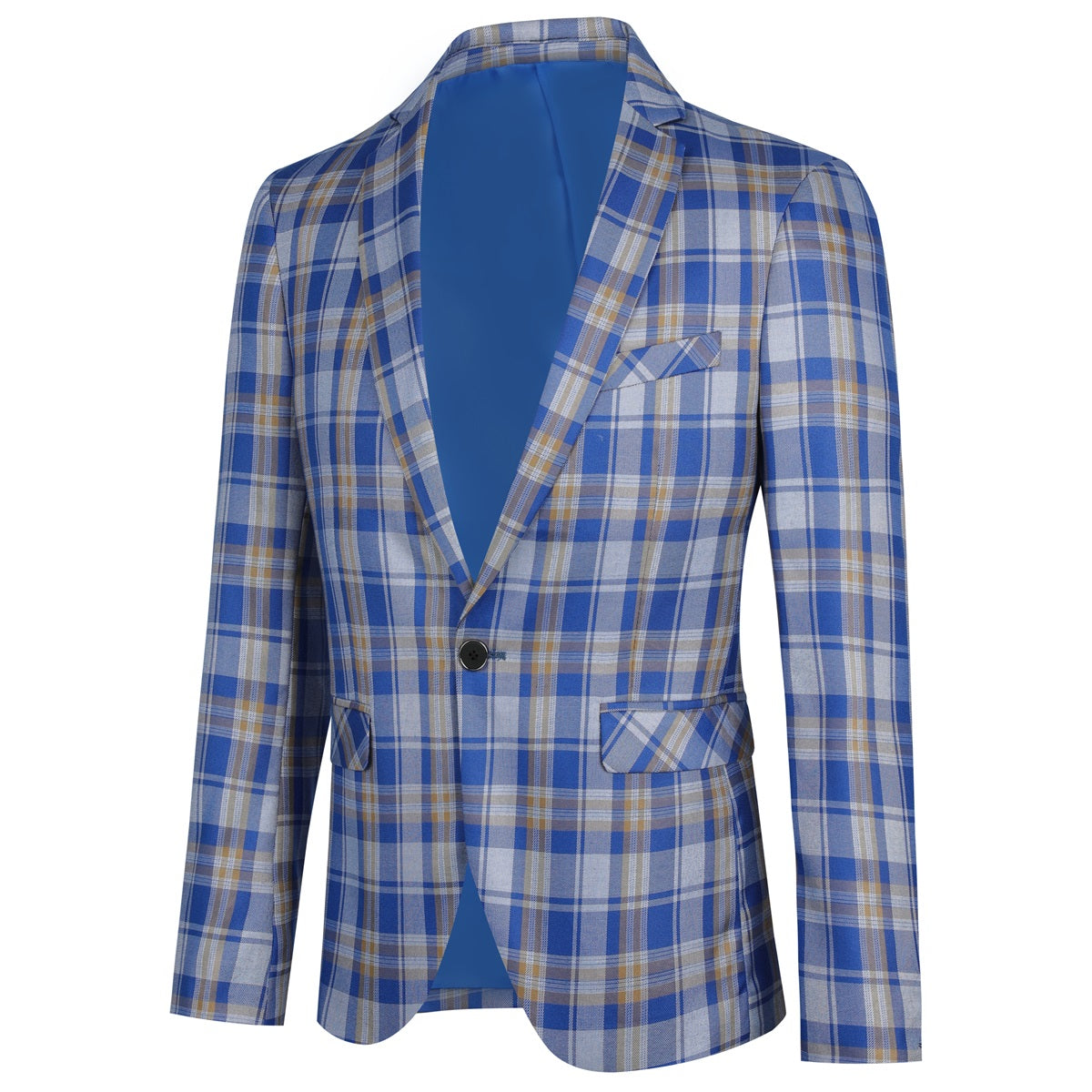 Mens One-Button Plaid Blazer Light Blue