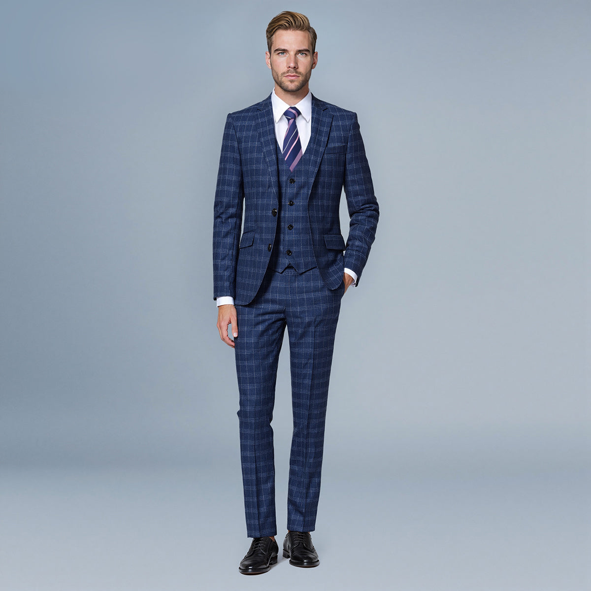 3-Piece Slim Fit Vintage Plaid Navy Suit - Cloudstyle