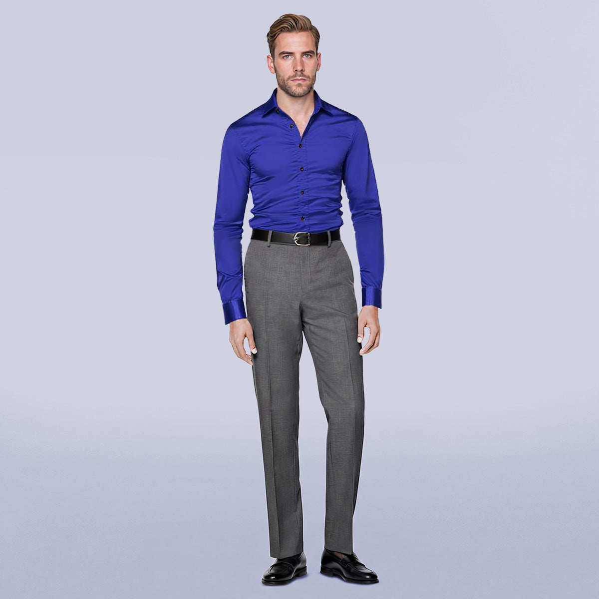 Men's Casual Fashion Shiny Long Sleeve Lapel Shirt Blue - Cloudstyle