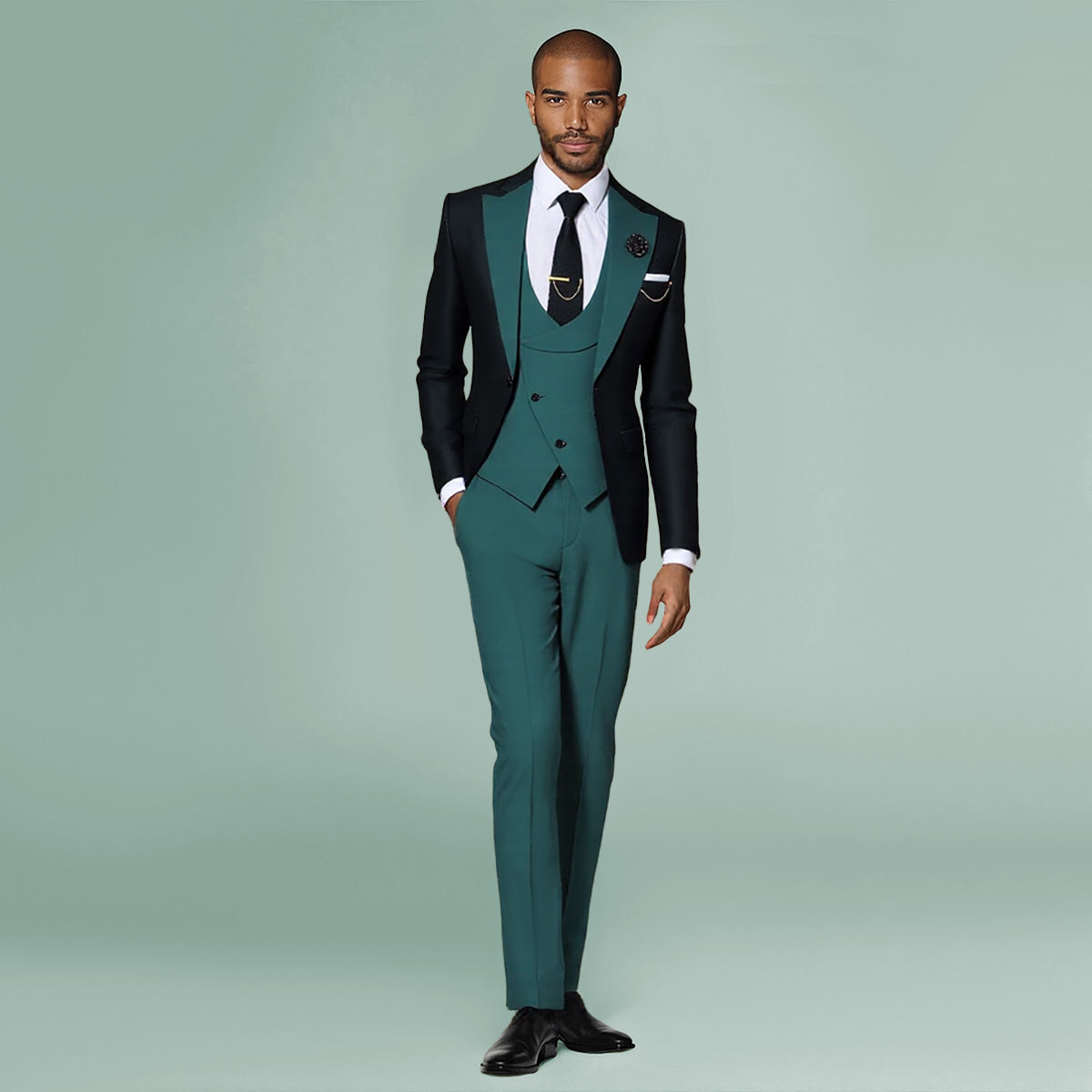 Men's 3-Piece Fashion One Button Color-Blocking Suit Dark Green - Cloudstyle