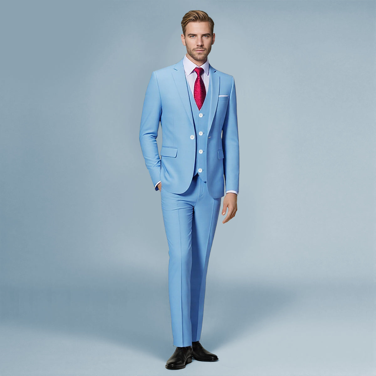 3-Piece Slim Fit Solid Color Jacket Smart Wedding Formal Suit Sky Blue