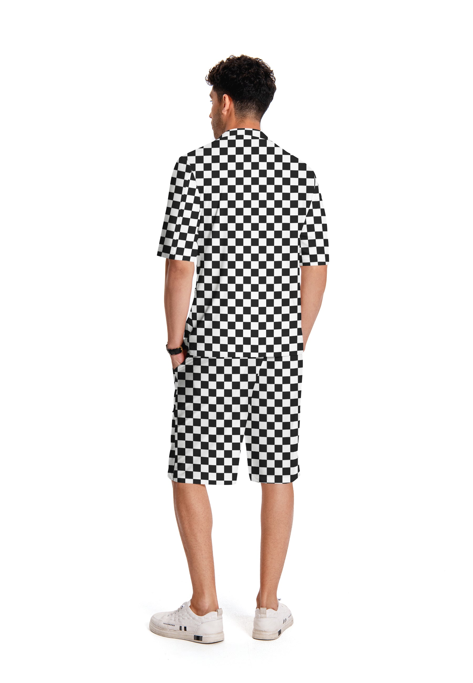 2-Piece Men's Printed Black and White Plaid Short Suit Set