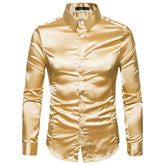 Men's Shiny Long Sleeve Lapel Casual Fashion Shirt Gold