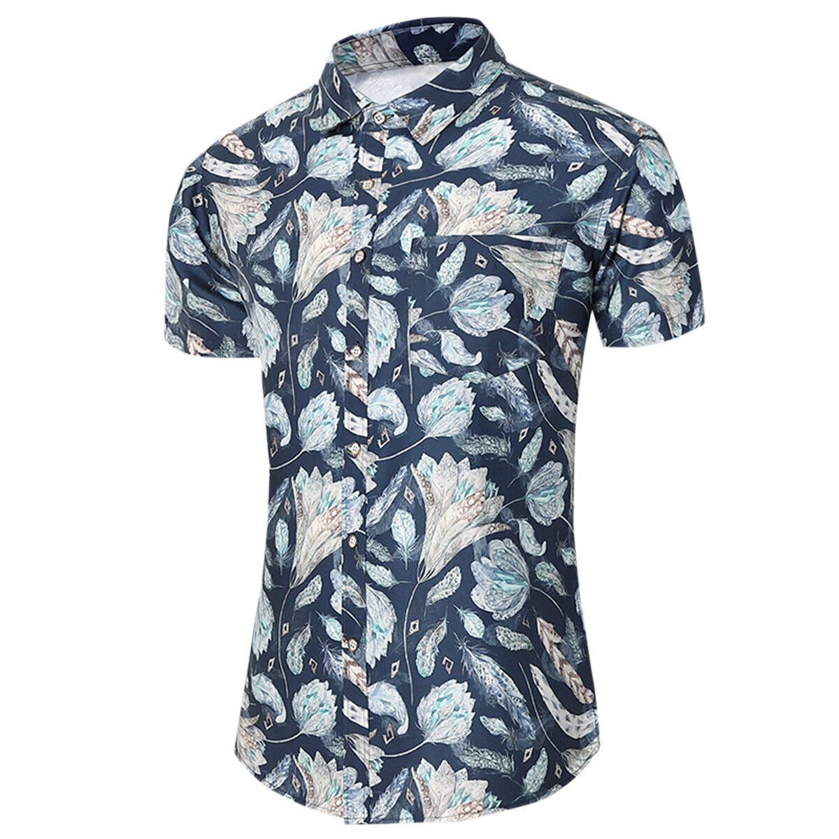Men's Printed Short-Sleeve White Flower Casual Shirts Blue