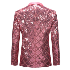 Men's One Button Plaid Sequin Blazer Pink