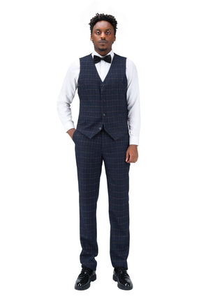 3-Piece Slim Fit Double Breasted Suit Plaid Navy Suit