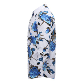 Slim Fit White Satin Shirt With Blue Flowers