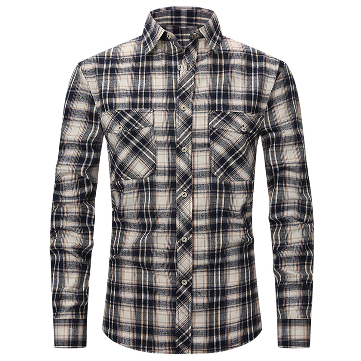 Men's Lapel Paid Long-sleeved Shirt Green and Black