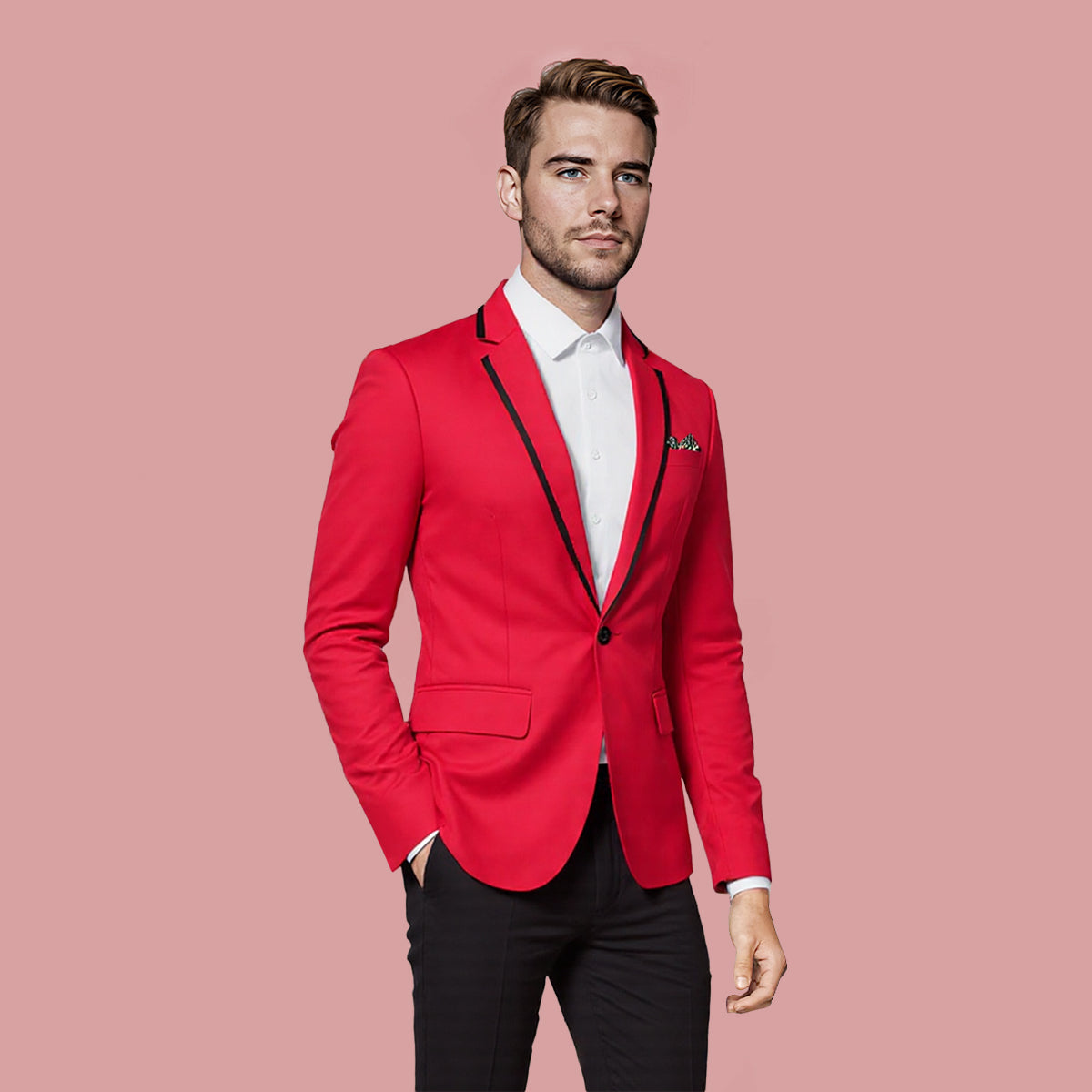Men's One Button Solid Color Casual Blazer Red - Cloudstyle