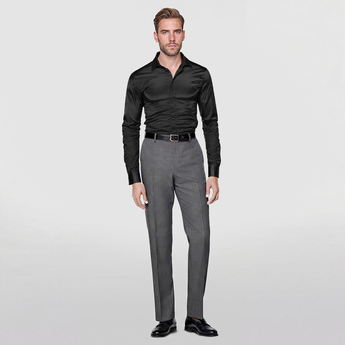 Men's Casual Fashion Shiny Long Sleeve Lapel Shirt Black - Cloudstyle